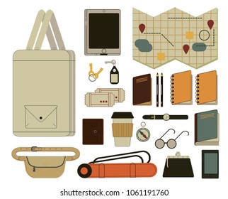 A set of various objects for travel, recreation, business trip, trekking, plein air. Notepad, documents, tickets, passport, coffee, phone, tablet, keys, tube, tissue bag, waist bag, sunglasses, purse