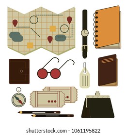 A set of various objects for travel, recreation, business trip, trekking, plein air, study, school. Notebook, documents, tickets, passport, watch, compass, map, pencil, card, sunglasses, purse. Vector