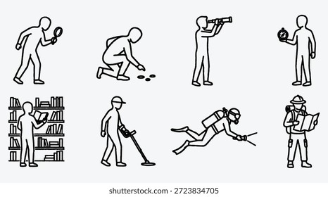 Set of various occupations and activities icons in simple line style people doing different jobs and hobbies