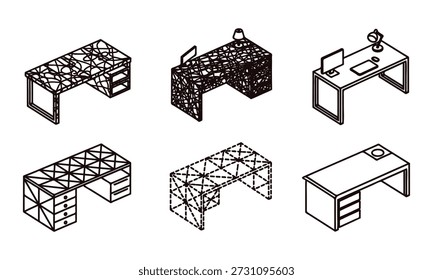 Conjunto de várias mesas de escritório com diferentes desenhos e layouts