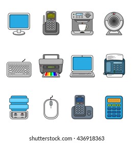 Set of various office equipment, symbols and objects. Colorful outlined icon collection. Vector illustration. Telephones, fax, printer, monitor, laptop, coffee maker, web camera, water cooler.