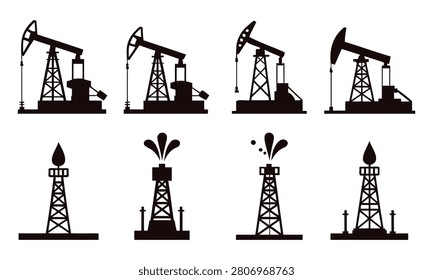 Set of various oilrigs and pumpssil houette illustrations