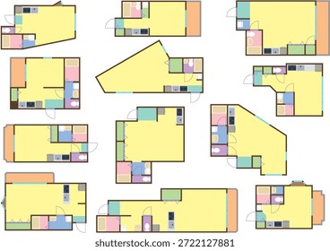 Um conjunto de várias imagens de planta de uma sala