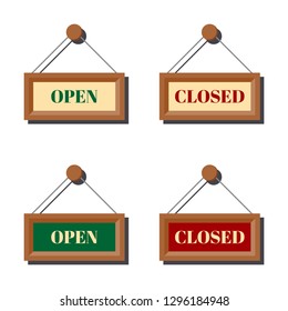Set of various open and closed business signs for door or shop window isolated on a white background with wooden frame in green and red color. Vector clip art sign illustration.