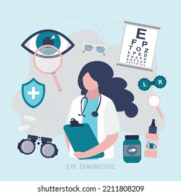 Conjunto de diversas herramientas oftalmológicas para la prueba de visión. El médico oftalmólogo trata enfermedades de los ojos. El especialista realiza diagnósticos de visión. Corrección de visión y atención médica. ilustración vectorial