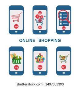 Set of various options of mobile phones showing the choice, order, discount, purchase of goods in online stores. Online purchase of food, gifts.