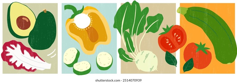 Um conjunto de várias ilustração desenhada à mão orgânica de vegetais cortados em papel.