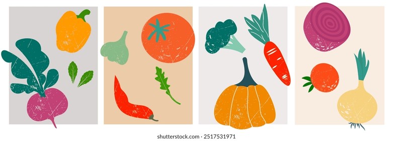 Un conjunto de varias ilustraciones dibujadas a mano orgánicas de verduras cortadas en papel.