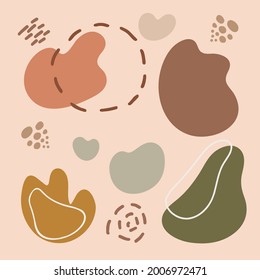 Conjunto de varias formas orgánicas y elementos de diseño abstracto ilustración vectorial. Formas dibujadas a mano aleatorias y objetos doodle aislados. La paleta de colores cálidos de boho da un toque creativo a la moda.