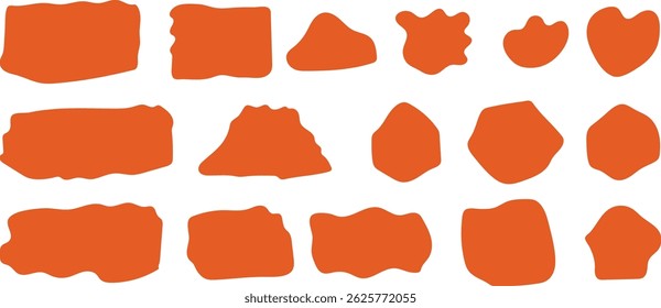 A set of various organic shapes, predominantly orange, on a plain white background. Abstract organic shape pack. Yellow doodle bubble wavy banner. Vector doodle illustration.