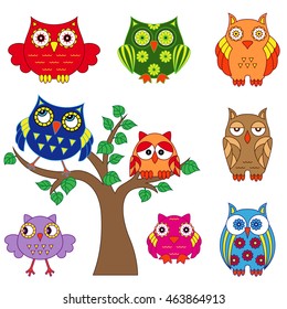 Set Various Ornamental Colorful Owls Tree Stock Vector (Royalty Free ...