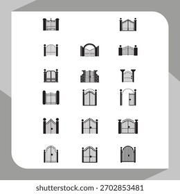 Set of various ornate iron gate icons, entrance barriers, security, property access, classic elegant vector graphics.