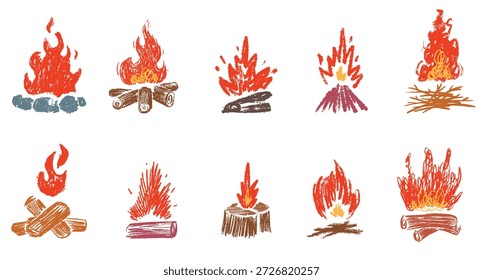 Set various outdoor campfire elements in hand drawn cartoon doodle style made from pencil, marker or chalk crayon. Scribble vector illustration background for travel children book, card.