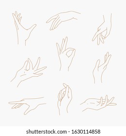 Set of various outline gestures isolated. Vector illustration of golden female minimalism hands in a realistic poses, modern elegant thin liner style. Design elements, icons, logos, emblems, signs