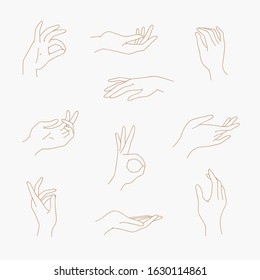 Set of various outline gestures isolated. Vector illustration of golden female minimalism hands in a realistic poses, modern elegant thin liner style. Design elements, icons, logos, emblems, signs