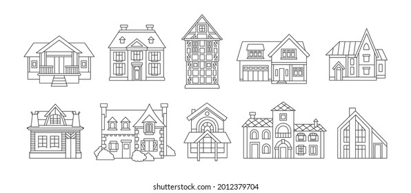 Set of various outline houses with different facades. Logo, symbols and emblems for real estate, construction company, design interior studio, home decor. Vector illustrations.