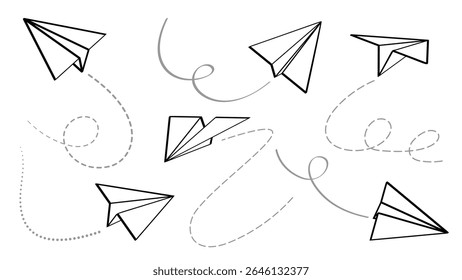 Set of various outline paper planes. Collection of flying folded origami airplanes in different angles with dotted route lines. Isolated vector elements, icons, hand drawn illustration.