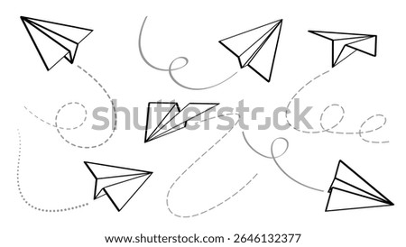 Set of various outline paper planes. Collection of flying folded origami airplanes in different angles with dotted route lines. Isolated vector elements, icons, hand drawn illustration.
