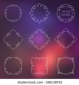 Set of various outline retro vintage frames and badges on colorful blur background. Vector illustration. 