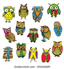 Set of various owls on simple white background