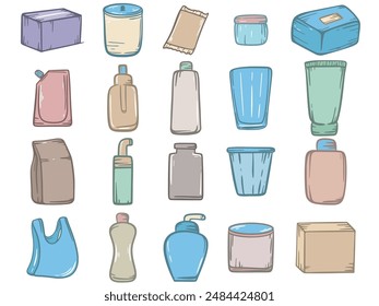 Conjunto de varios envases - botella, caja, tarro, bolsa y otros. Material de embalaje dibujado a mano para varios productos, gráficos de Vector. Vidrio, cartón, embalaje de plástico, arte de Clip