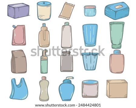 Set of various packaging - bottle, box, jar, bag and others. Hand drawn packaging material for various products, vector graphics. Glass, cardboard, plastic packaging, clip art
