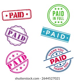 "Set of various 'PAID' stamps in different styles, including rectangular, circular, grunge, modern, and classic designs. Each stamp features bold lettering and is created with a transparent background