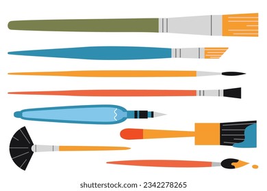 Set of various paint brushes, cartoon style. Painting tools elements, Art supplies. Trendy modern vector illustration isolated on white background, hand drawn, flat design