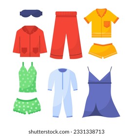 Set of various pajamas concept. Red, yellow, blue and green sleepwear for men and women. Comfort and coziness. Rest and relax. Cartoon flat vector collection isolated on white background