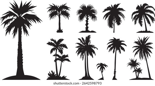 Set of various palm tree silhouettes, perfect for tropical themed designs.  Isolated on white background for easy use. Vector illustration.