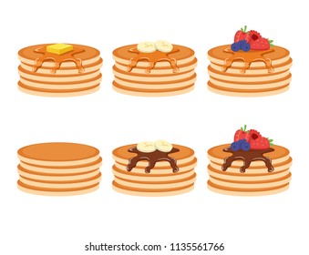 Set of various pancakes with berries, banana, toppings.