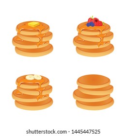 Set of various pancakes with berries, banana, toppings.