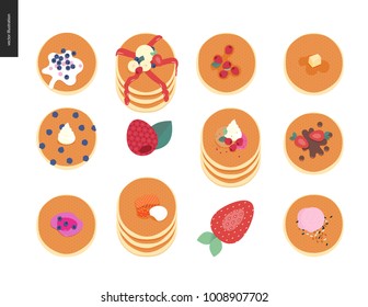 Set of various pancakes with berries, toppings and red fish