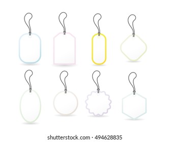 Set of various paper or cardboard white tags with a colored frame, hung by a metallic chain