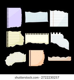Set of various paper scraps, including lined, grid, and plain texture, cut from notebooks, providing blank space for notes, messages, reminders, or creative design elements