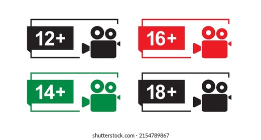 Conjunto de varias etiquetas de control paterno. Restricciones de edad. Control del contenido de los medios de comunicación en Internet, películas y servicios de transmisión de vídeo. Colección de iconos de color y negro. Ilustración de vector plano