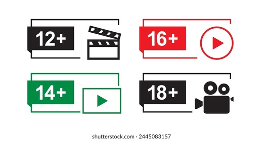 Conjunto de varias etiquetas de control parental. restricciones de Edad. Video Control de contenido multimedia en Internet, juegos y Colección de íconos coloridos y negros. Ilustración vectorial plana