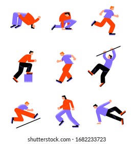 Set of various parkour young men running and jumping in different action poses. Vector illustration in flat cartoon style.