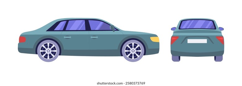 Set of various passenger cars. Different views: from the side, front, back. Vector collection in a flat style