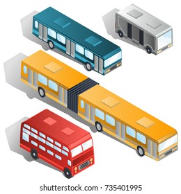 Set of various passenger city buses isometric projection vector illustrations isolated on white background. Coach, double-decker, articulated and van buses collection. Modern public urban transport