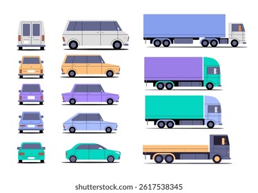 Set of various passenger and freight vehicles. Flat vector cars collection