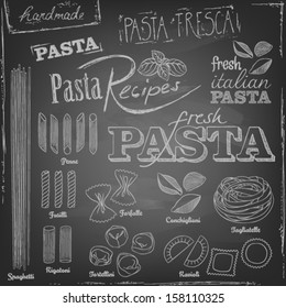 set of various pasta elements and chalk typography on a blackboard