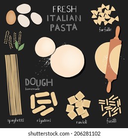 Set of various pasta elements and chalk typography on a blackboard 