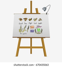 Set of various pasta elements on easel. Hand drawn vector stock illustration