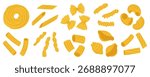 Set of various pasta shapes, ideal for cooking blogs, restaurant menus, or food packaging.