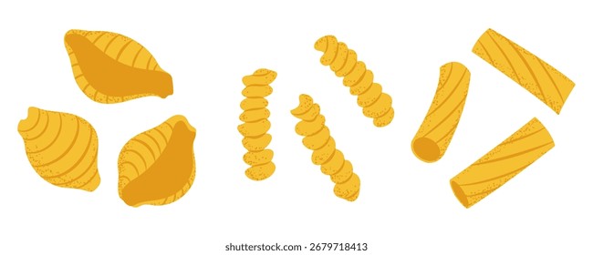 Set of various pasta shapes, ideal for cooking blogs, restaurant menus, or food packaging.