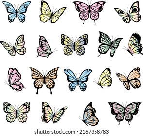 Set of various pastel colored butterflies. on a white background