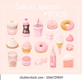 Set of various pastel pink colored sweets and desserts. Sakura season themed food. Isolated vector illustrations and images