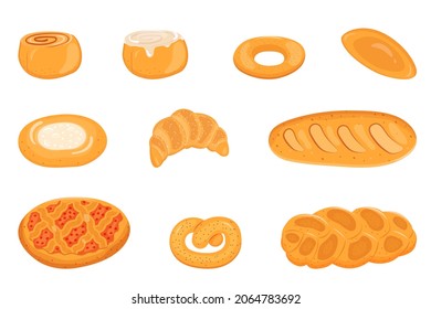 A set of various pastries, bakery products. Vector cinnamon bun, challah, loaf, berry pie, bagel with poppy seeds, pie, cheesecake.