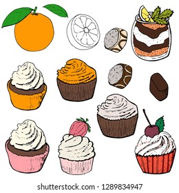 Set of various pastry, sweets, orange. Elements isolated on white for restaurant and cafe menu.